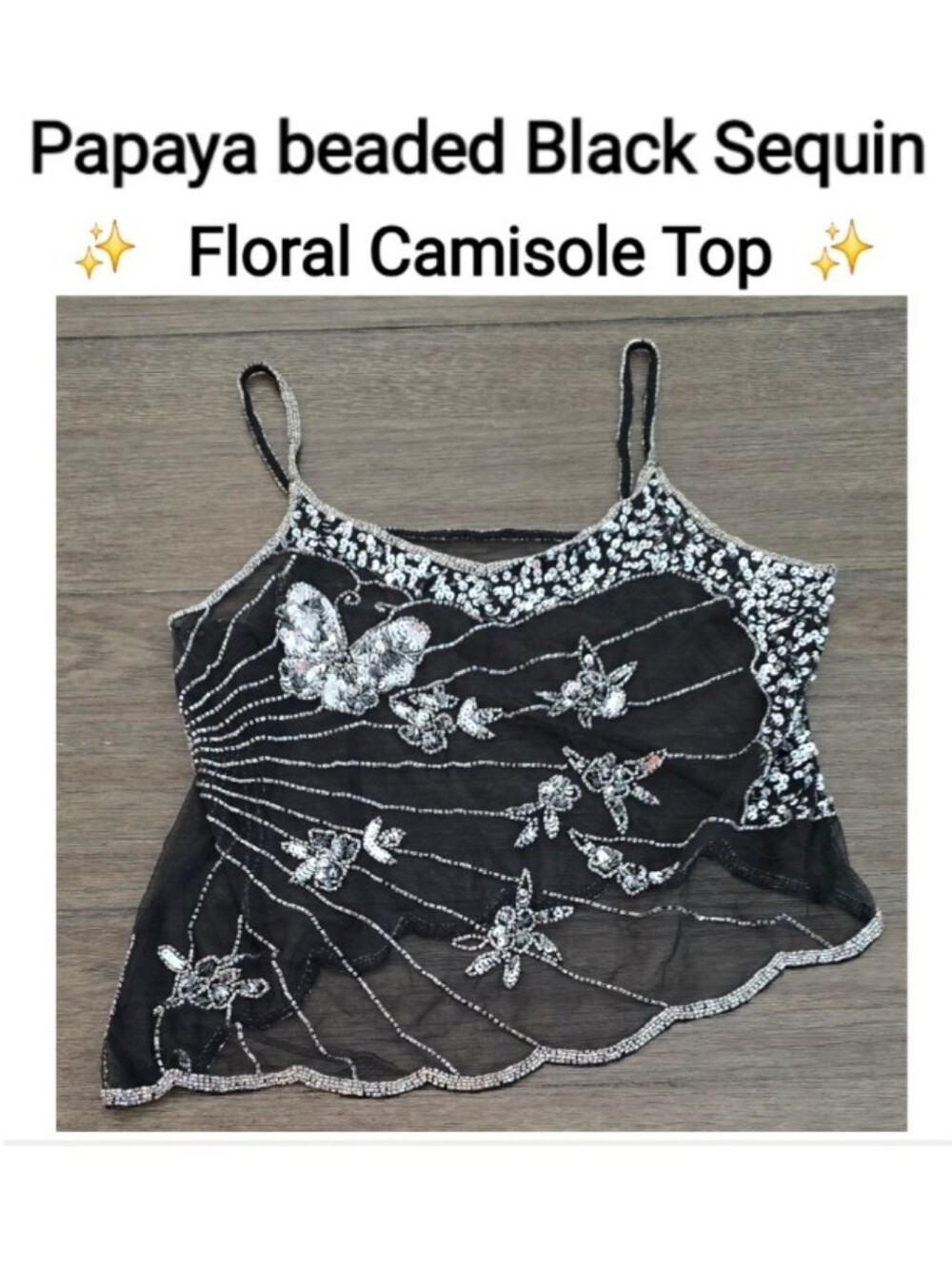 Papaya Black Sequin & Bead Floral Camisole Top, Size M